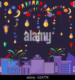 Nacht Stadt festliche Elemente Kugeln, Lampen, Sterne Stock Vektor