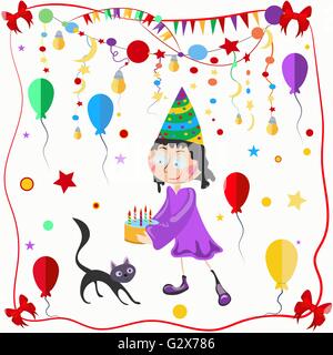 Mädchen und Katze Feier Ballons, Bögen Stock Vektor