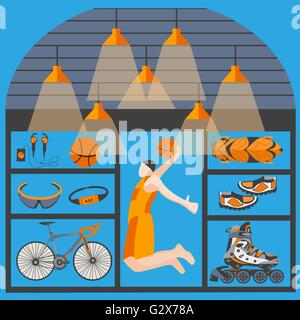 Shop sportliche waren Basketball, Skaten, Biken, Kugel Stock Vektor