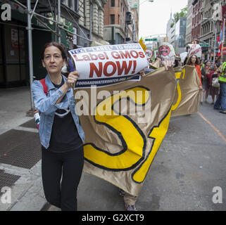 März und Demonstration gegen Monsanto und gentechnisch veränderte Lebensmittel auf der Straße in New York City. Stockfoto