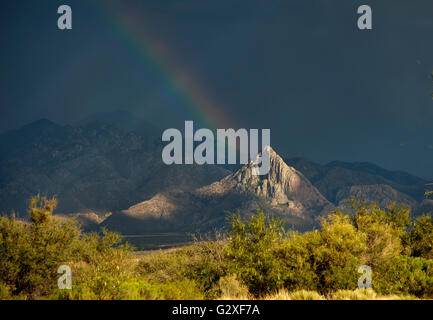 Elefant Kopf Felsen in den Santa Rita Mountains von Streaming-Sonnenlicht und ein Regenbogen aus der Spitze des Felsens hervorgehoben. Stockfoto