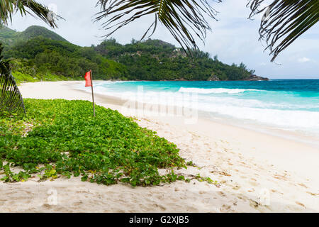 Rote Fahne aufgrund hoher Brandung am Anse Intendance im Süden von Mahé, Seychellen Stockfoto