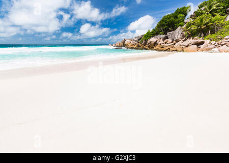 Perfekte weiße Strand Petite Anse in La Digue, Seychellen mit Granitfelsen und Palmen Stockfoto