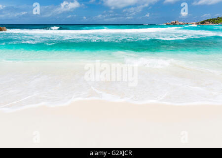 Perfekte tropischen Strand Anse Cocos in La Digue, Seychellen mit Granitfelsen und Palmen Stockfoto