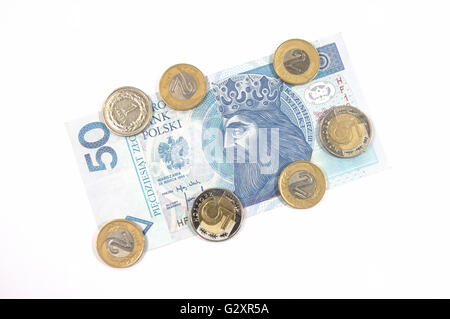 Geld - polnische Währung 50 Zloty Banknoten und Münzen Stockfoto