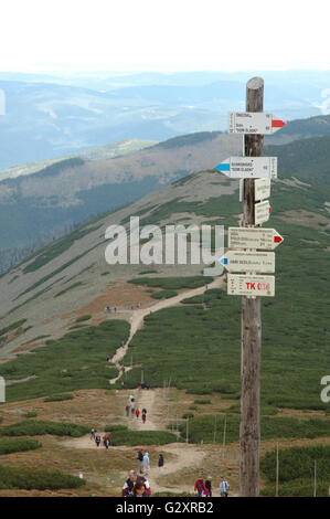 KARPACZ, Polen - 15 AUGUST: Unbekannte Menschen und Zeichen auf Trail im Riesengebirge in Polen / Tschechien 15.08.201 Stockfoto