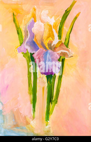 des Kindes Malerei - Iris Blumen auf rosa Hintergrund Hand von Aquarell Aquarell Gouache gemalt Stockfoto