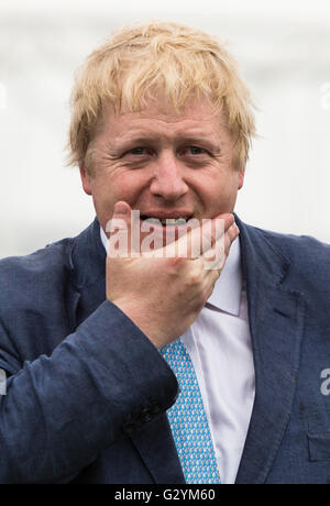 London, UK. 06.04.2016. Boris Johnson spricht zu den Medien vor einer Abstimmung verlassen Rallye in Formans Fisch Insel, London. Bildnachweis: London Pix/Alamy Live News Stockfoto