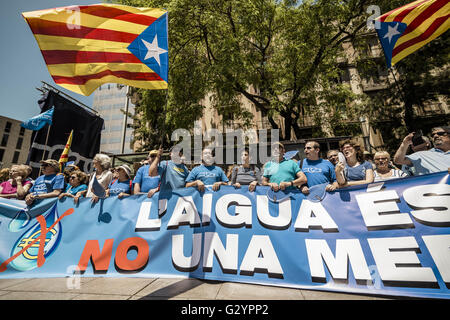 Barcelona, Katalonien, Spanien. 5. Juni 2016. Demonstranten gegen die Spanisch River Basin Managementplan für den Ebro und die Folgen für das Ebro-Delta und die gesamte Umgebung und für die Unabhängigkeit Kataloniens aus Spanien möglicherweise schreien Parolen, wie sie zu einer Kundgebung am Ende des Marsches durch Barcelona sammeln. Bildnachweis: Matthias Oesterle/ZUMA Draht/Alamy Live-Nachrichten Stockfoto