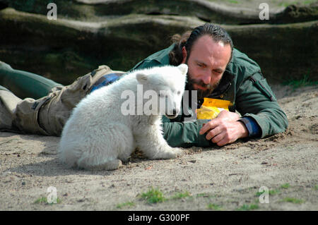 Knut Mit seit Pfleger Thomas Doerflein - Logoanimation des Eisbaerenbabys Knut Im Berliner Zoo bin 23. Maerz 2007, Berlin-Charl Stockfoto