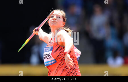 Großbritanniens Goldie Sayers konkurriert in der Womens Speer während der IAAF Diamond League-Veranstaltung im Alexander Stadium, Birmingham. Stockfoto