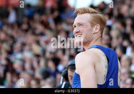 Großbritanniens Greg Rutherford in Aktion im Weitsprung der Männer während der IAAF Diamond League-Veranstaltung im Alexander Stadium, Birmingham. Stockfoto