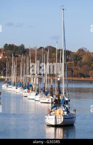 Yachten ankern ordentlich hintereinander an der Mündung der Fluss Hamble, England, Vereinigtes Königreich, Europa Stockfoto