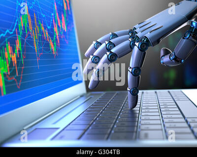 Roboterhand mit einem Laptopcomputer. Stockfoto