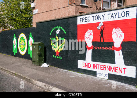 Belfast Wandbilder in einem republikanischen Gebiet fordert Derry republikanischen Tony Taylor nach der Rückgabe Foll ins Gefängnis befreit werden Stockfoto