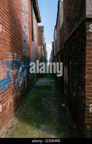 Eine Gasse zwischen den Häusern in Belfast. Stockfoto