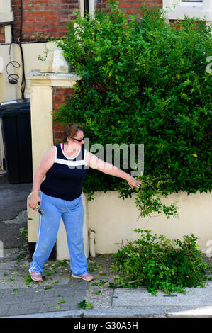 ältere Frauen trimmen Büsche vor Garten-uk Stockfoto