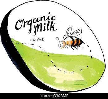 Zeichnung Skizze Stil Illustration ein Bio-Milch 1 Liter Label mit fliegenden Arbeitsbienen Honig. Stock Vektor