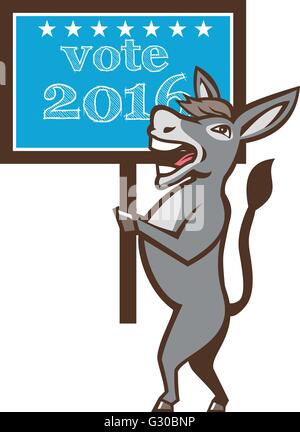 Illustration der ein Demokrat Esel Maskottchen der Partei der demokratischen großen alten Gop lächelnd hält ein Schild Plakat mit Abstimmung 2016 und Stars am set isoliert Hintergrund getan im Cartoon-Stil. Stock Vektor