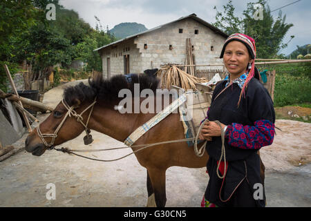 Red Dao Frau und ihr Pferd auf dem Hof der Ly Dai Duyen Guest House, Nam Dan, Ha Giang Province, Vietnam. Stockfoto