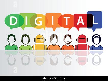 Digital und Digitalisierung konzeptionellen Hintergrund. Vektor-Illustration der bunte Gruppe von Menschen und Robotern Stock Vektor
