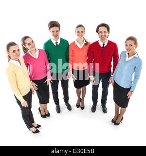 Glückliche junge Menschengruppe isoliert auf weißem Hintergrund Stockfoto