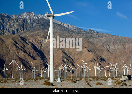 Windmühlen und San Jacinto Mountains (Mount San Jacinto, 10.831 ft.), San Gorgonio Pass Wind Farm, in der Nähe von Palm Springs, Kalifornien Stockfoto