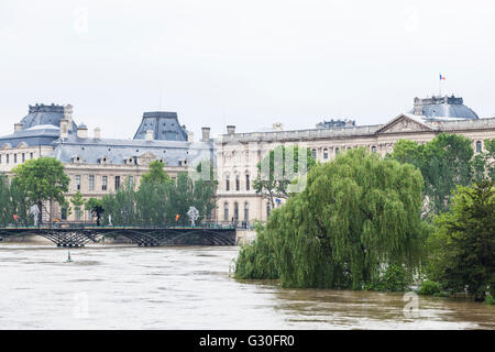 Flut, Square du Vert Galant, Paris, Louvre, Pont des Arts 2016 Stockfoto