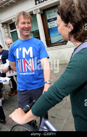 Die britische EU-Referendum: Gruppe von Stimmen bleiben, reden zu öffentlichen in Chichester, West Sussex, UK. Stockfoto