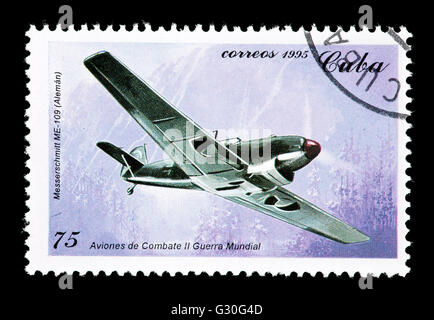 Briefmarke aus Kuba, die Darstellung einer Messerschmitt ME-109-Kämpfer-Flugzeugs für Deutschland Stockfoto