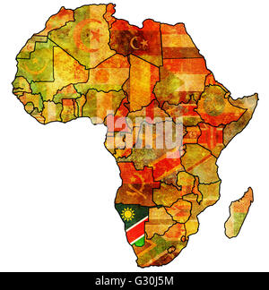 Namibia auf tatsächliche Vintage politische Karte Afrikas mit Flaggen Stockfoto