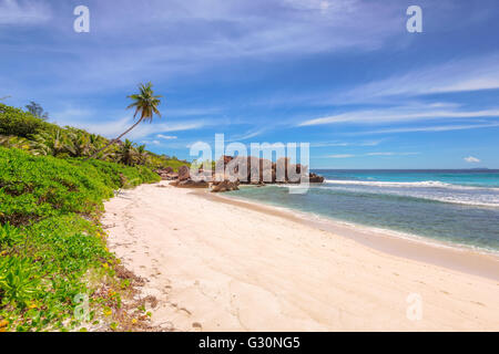 Tropischer Strand Anse Coco, La Digue, Seychellen Stockfoto