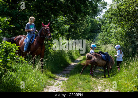 Frau Reiten Junge Mädchen mit einem Pferd auf einer Straße Shetland Pony Trekking Erwachsener Führer Reiten Stockfoto