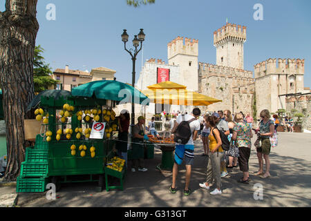 Blick auf Sirmione am Gardasee mit seinem Schloss. Stockfoto