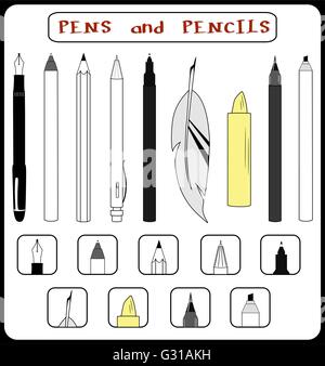Vektor. Satz von 9 Künstler Kugelschreiber und Bleistifte. Bleistift, Stift, Füllfederhalter, Rollerball, Kugelschreiber, Pinsel Stift, Kalligraphie Feder zeigen Stock Vektor