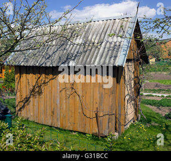 Kein Name selbst gemacht Schuppen für die Lagerung von landwirtschaftlichen Werkzeuge in einem Frühlingsgarten solar Stockfoto