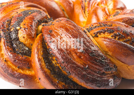 geflochtene Mohn Brotlaib auf weißem Hintergrund Stockfoto