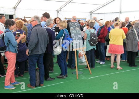 Warteschlange für Michael Palin, Hay Festival 2016, Hay-on-Wye, Kind, Powys, Wales, Großbritannien, Deutschland, UK, Europa Stockfoto