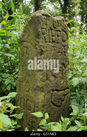 Antike am Straßenrand Reiseführer Stein geschnitzt mit Händen und Schuldzuweisungen, stellt die Route - Ilkley, West Yorkshire, England. Stockfoto