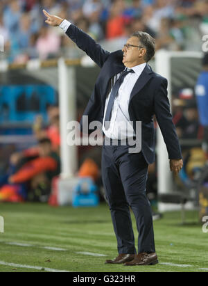 Santa Clara, USA. 6. Juni 2016. Argentiniens Trainer Gerardo Martino reagiert während der Copa America Centenario Gruppe D zwischen Argentinien und Chile im Levi's-Stadion in Santa Clara, Kalifornien, USA, 6. Juni 2016 übereinstimmen. Argentinien gewann mit 2: 1. Bildnachweis: Yang Lei/Xinhua/Alamy Live-Nachrichten Stockfoto