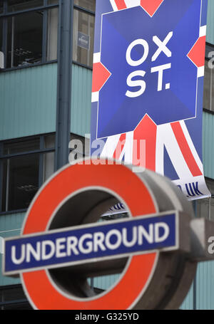 Oxford Street, London, UK. 7. Juni 2016. Union Jack-Flaggen wurden auf der Oxford Street installiert. © Matthew Chattle/Alamy Leben Stockfoto