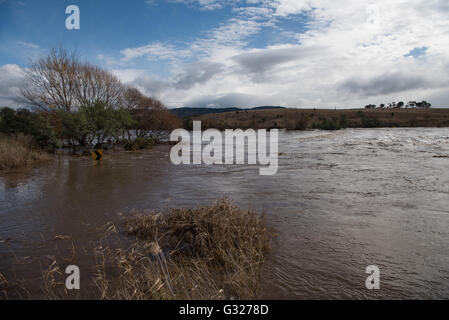 Canberra. 7. Juni 2016. Foto am 7. Juni 2016 zeigt eine versunkene Straße aufgrund der Schwellung des Murrumbidgee River, nach heftigen in Canberra, Australien Regenfällen. Vier Menschen starben während drei noch die massive Sturmfront, die Australiens Ostküste getroffen fehlen, als im Landesinneren starke Überschwemmungen, Riesenwellen und ungewöhnlich hohen Gezeiten weiterhin Schaden anrichten. © Justin Qian/Xinhua/Alamy Live-Nachrichten Stockfoto