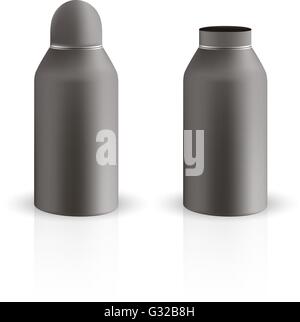 Vektor Verpackung: Satz von schwarzen Zinn runden Behälter, eins mit Dome-Deckel auf isolierten weißen Hintergrund. Mock-up Vorlage für Design. Stock Vektor