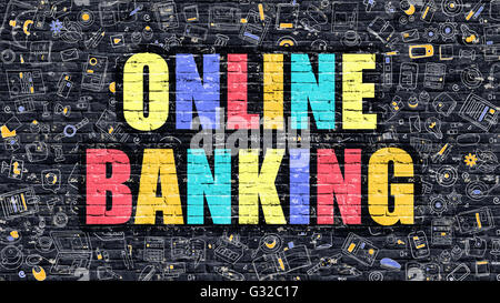 Online-Banking-Konzept. Multicolor auf dunklen Brickwall. Stockfoto