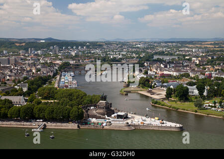 Blick auf Deutsches Eck Landzunge von Ehrenbreitstein Schloss, an den Rhein Koblenz Mosel aus gesehen Stockfoto