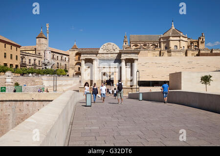 Blick von der Brücke-Tor und der Mezquita, Moschee-Kathedrale von Córdoba, jetzt eine Kathedrale, ehemals eine Moschee Stockfoto