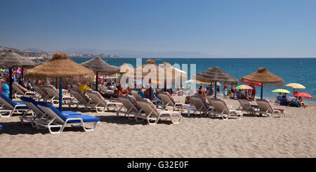 Sonnenliegen und Sonnenschirme am Sandstrand, Fuengirola, Costa Del Sol, Andalusien, Spanien, Europa, PublicGround Stockfoto