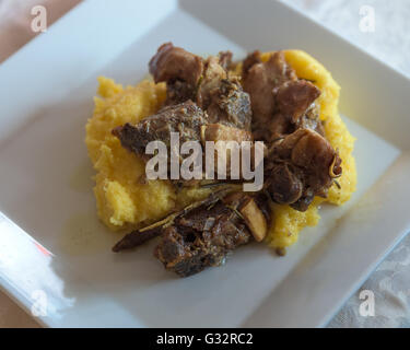 auf dem Bild Ansicht typisch italienische Küche, gebratene Ziege und Polenta auf weiße Schale im Restaurant, von oben. Stockfoto