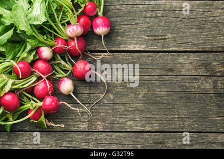 Frische Radieschen auf alten Holztisch. Gesundes Gemüse. Ansicht von oben. Stockfoto