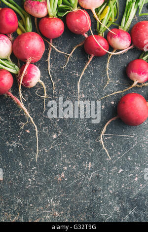 Frische Radieschen auf alten Küchentisch. Gesundes Gemüse. Ansicht von oben. Stockfoto